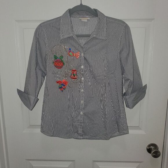 Gray and Red Button Down Shirt with Embroidery - Picture 1 of 5